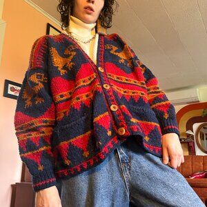 70s 80s 100% pure wool knitted red and blue cardigan - Toshy Made In Bolivia!